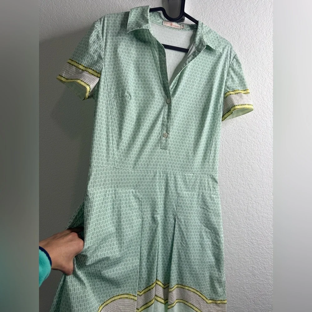 Tory Burch Emmy green pleated cotton stretch shirt dress Sz 4